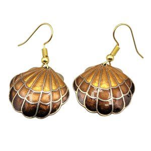 Cloisonne Enamel Clam Shell Earrings Brown Gold Dangle Drop Wire Hooks